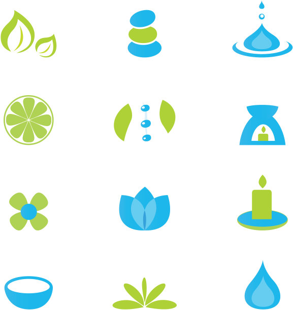 健康禅宗自然和水疗图标和元素-绿色和蓝色图片下载