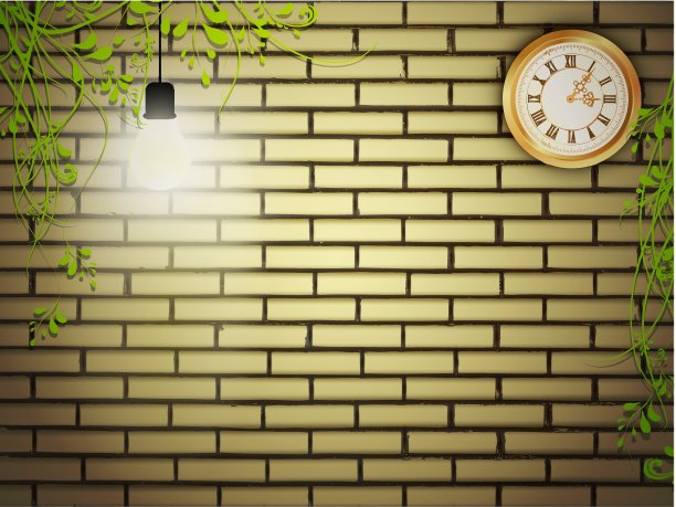 晚上砖墙上的古董钟图片下载