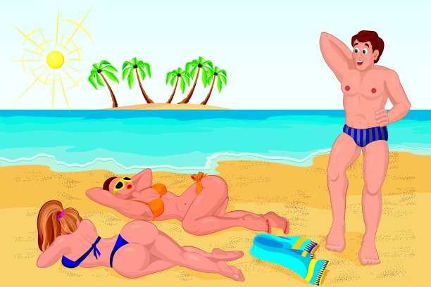 一个男人在海滩上遇到两个正在做日光浴的女孩图片下载
