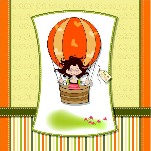快乐的女孩乘着气球飞着图片下载