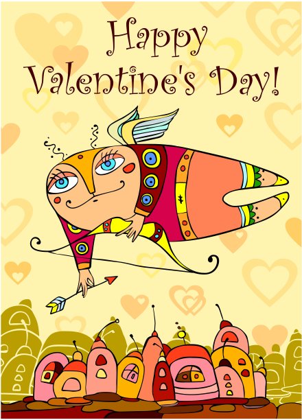 丘比特飞过一座城市。情人节。图片下载