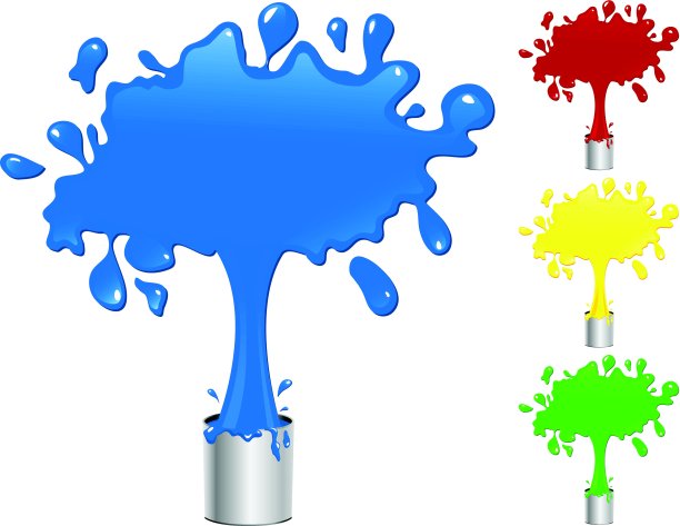 蓝色，红色，黄色和绿色油漆喷溅桶。图片下载