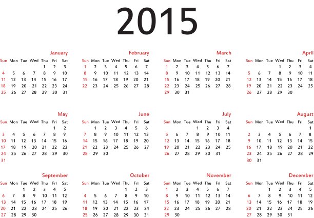 简单的欧洲2015年矢量日历，模板图片下载