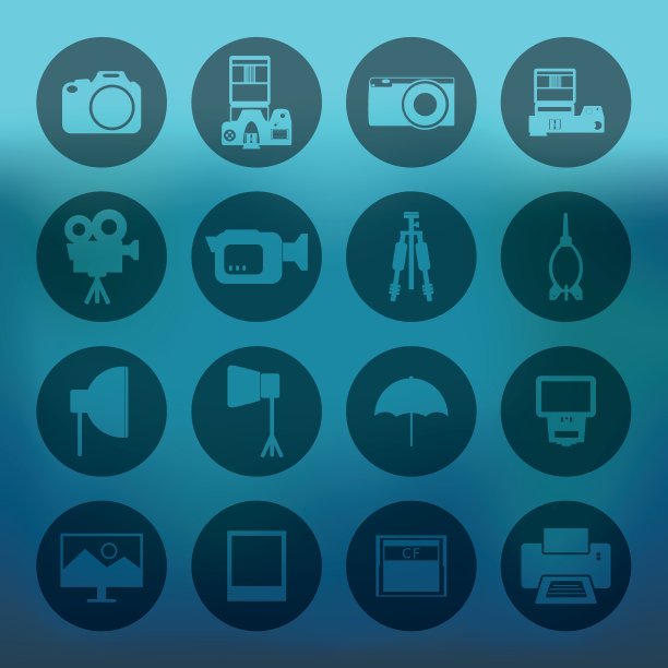 蓝色背景与圆形相机和附件图标设置图片下载