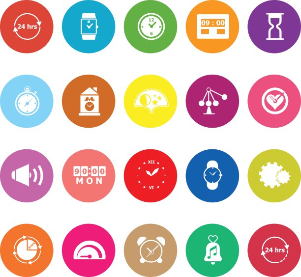 与时间相关的平面图标在白色背景上图片下载