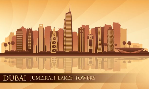 迪拜朱美拉湖塔天际线剪影背景图片下载