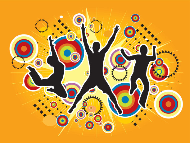 插图剪影的人跳在空中反对一个彩色的复古设计图片下载