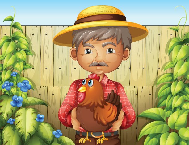 一个老人抱着一只公鸡靠近木栅栏图片下载