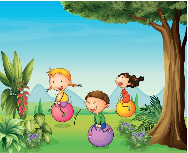 三个孩子玩弹跳球玩得很开心图片下载