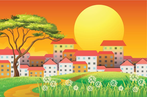 明亮的黄色月光下高楼大厦图片下载