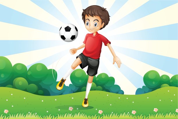一个男孩在山顶上练习足球图片下载