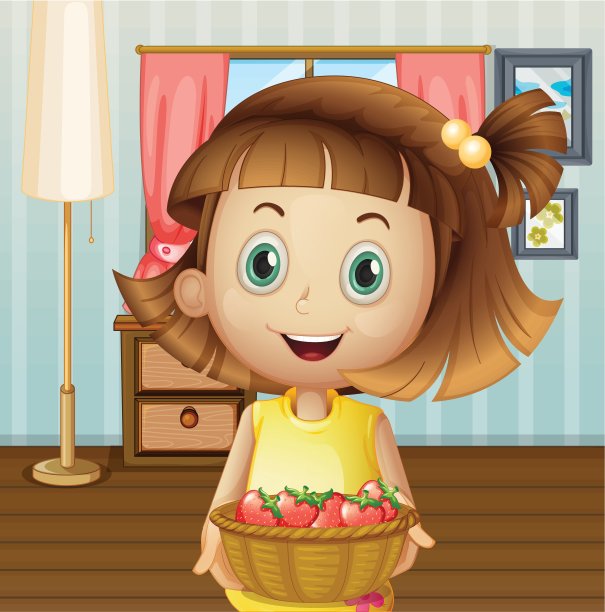 屋子里有一个女孩，手里拿着一篮子浆果图片下载