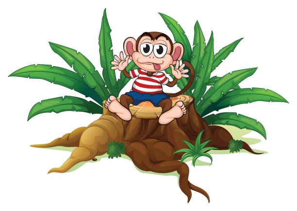 一只猴子坐在砍过的木头上面图片下载