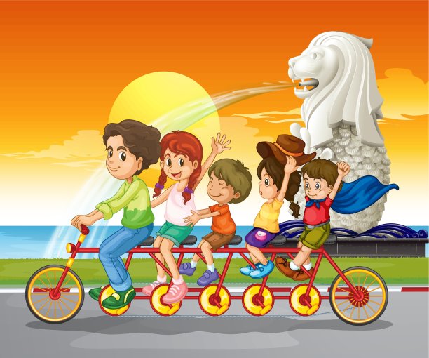 鱼尾狮雕像旁有一辆家庭自行车图片下载