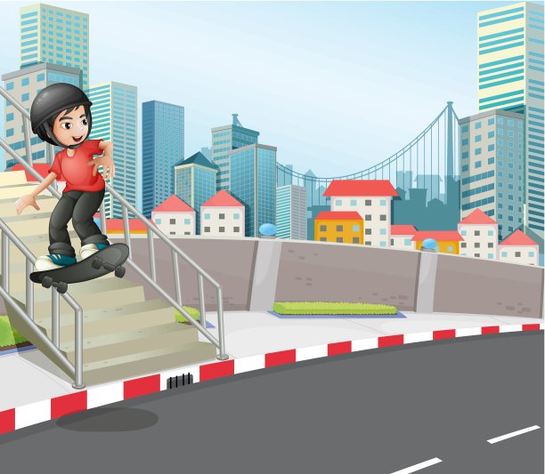 一个男孩在楼梯附近的街道上玩滑板图片下载