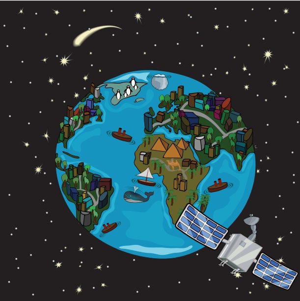 在太空中有卫星和恒星的行星图片下载