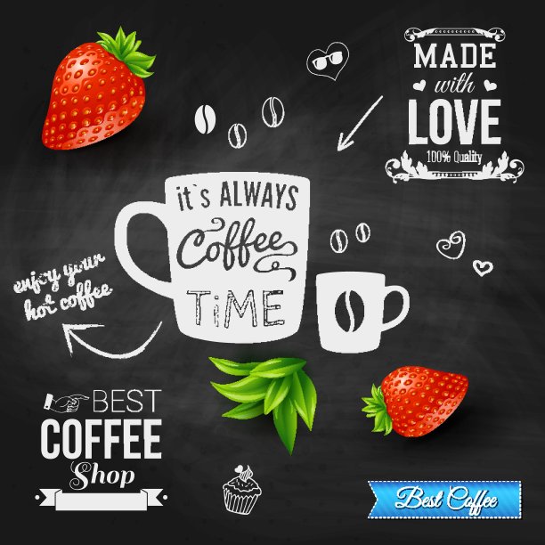 现在是喝咖啡的时间。黑板背景，现实的草莓图片下载