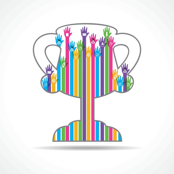 彩色的手举起带有教育符号的优胜杯股票向量图片下载