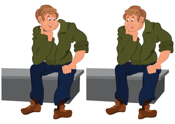 快乐的卡通人坐在灰色的长凳上图片下载