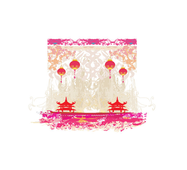旧纸与亚洲景观和中国灯笼-古董ja图片下载