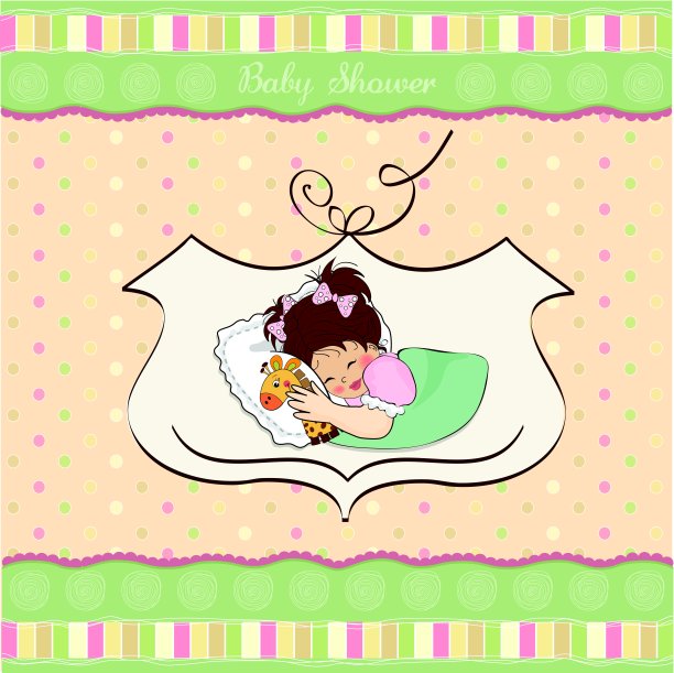 婴儿派对卡片上有小女孩和她的玩具图片下载
