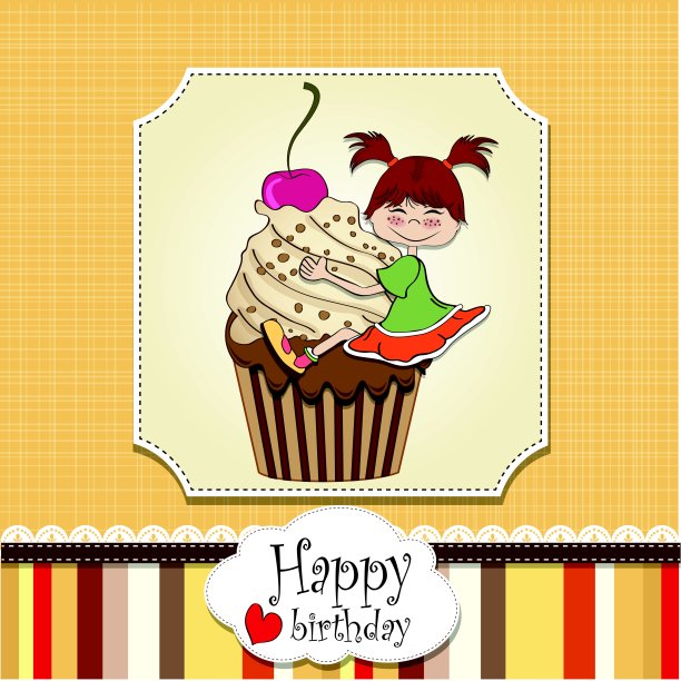 小蛋糕上有个有趣女孩的生日卡片图片下载