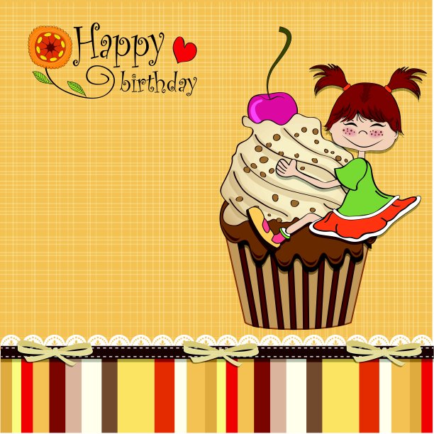 小蛋糕上有个有趣女孩的生日卡片图片下载