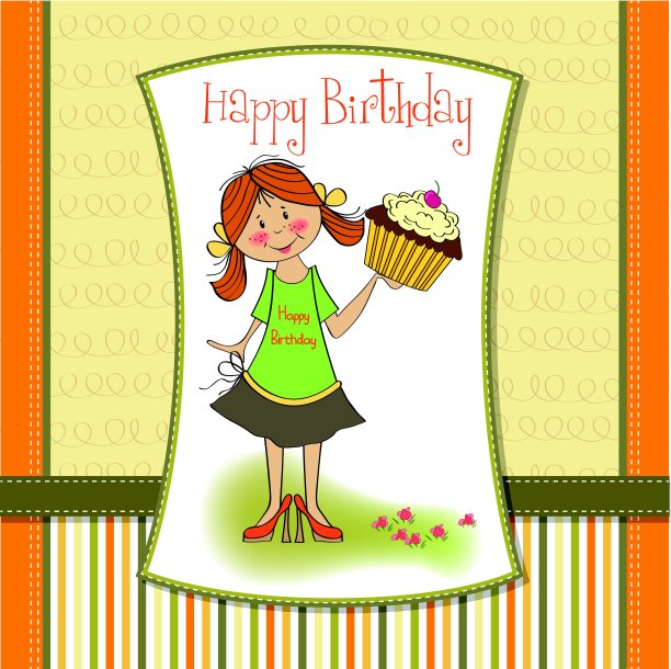 有女孩和大蛋糕的生日贺卡图片下载