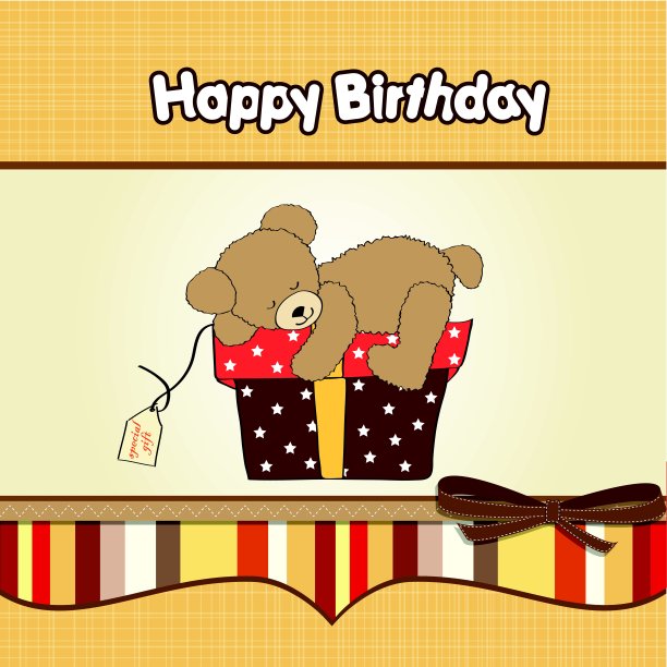 生日贺卡，泰迪熊和大礼品盒图片下载