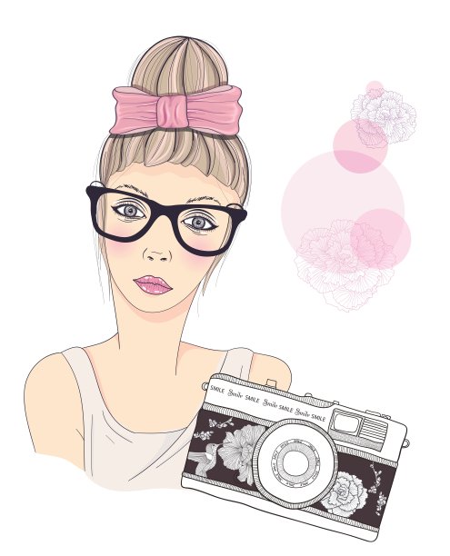时尚女孩摄影师矢量背景。年轻女性，带着复古相机。复古相机与花和鸟图案。时尚插画。图片下载