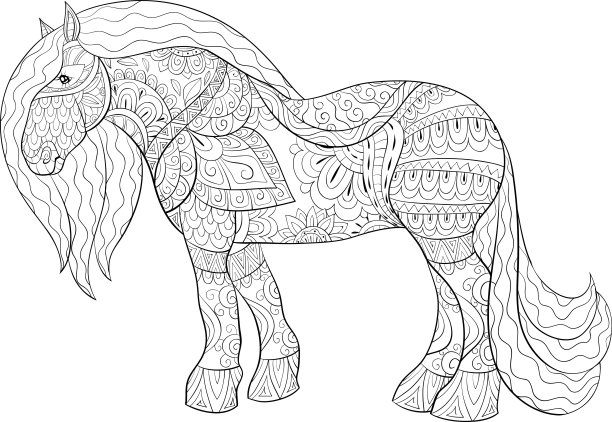 成人涂色书，页一个可爱的马图片放松。禅宗艺术图片下载