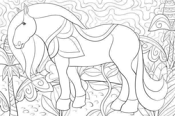成人涂色书，页面上有可爱的马的背景图片图片下载