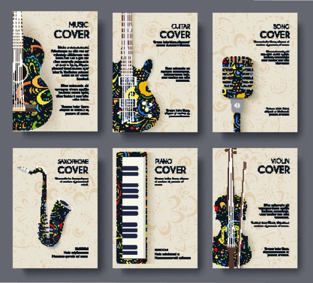 音乐杂志版面传单邀请设计。一套音乐装饰插图的概念。艺术工具，海报，书籍，抽象，奥斯曼图案，元素。装饰民族问候图片下载