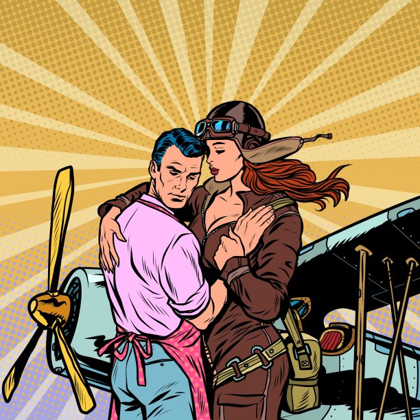 女飞行员对一个男人说再见，一对夫妇爱上了复古飞机图片下载