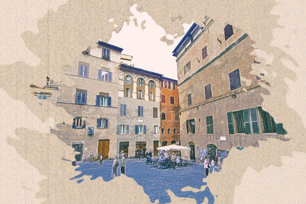 世界文化遗产意大利锡耶纳老城彩色铅笔画。在棕色的纸上。图片下载