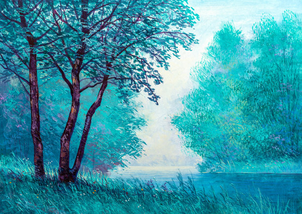 河岸上的抽象树木。原始绘画。素材图片