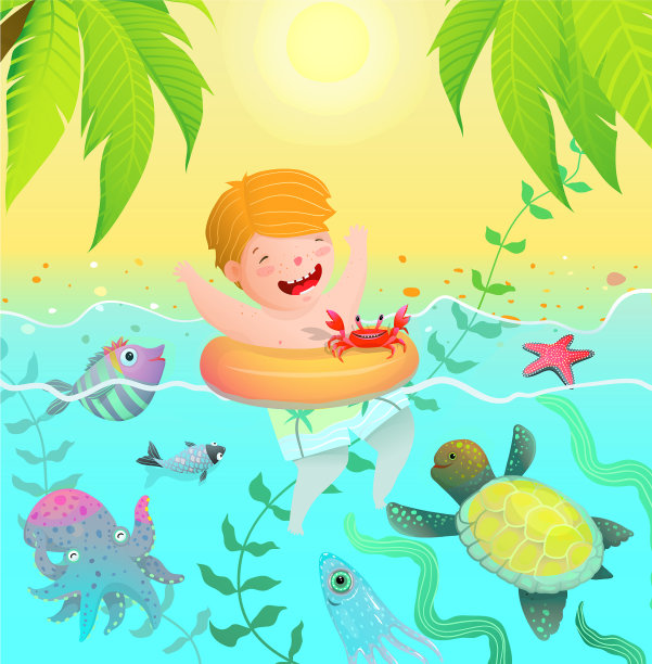 在热带天堂岛游泳的男孩图片下载