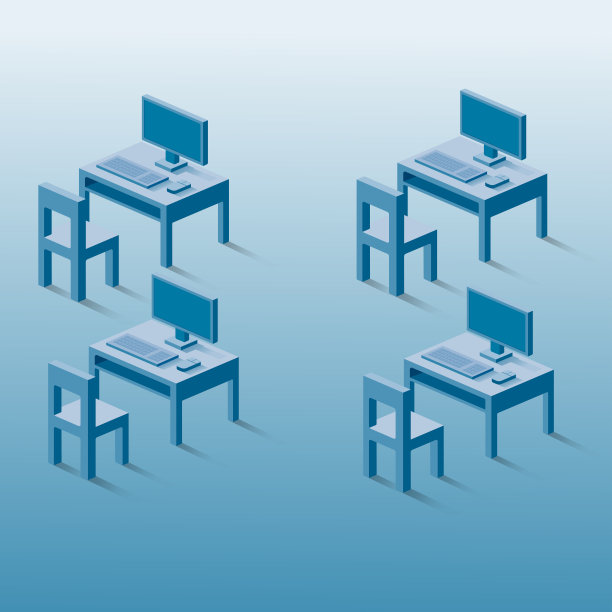现代办公桌与桌面在平面设计。社会距离。居家办公图片下载
