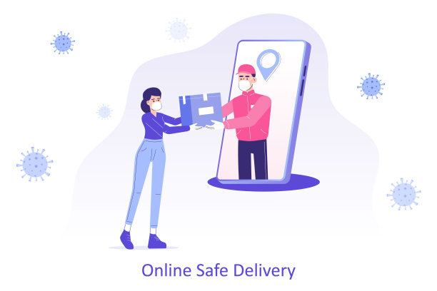 网上安全配送服务理念。2019冠状病毒病(COVID-19)隔离期间，带医用口罩的年轻快递员从智能手机中取出包裹或盒子给女性。矢量图图片下载