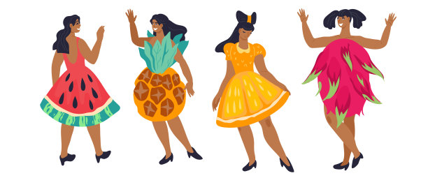 夏季横幅与女性人物在热带水果形状的创意服装。图片下载