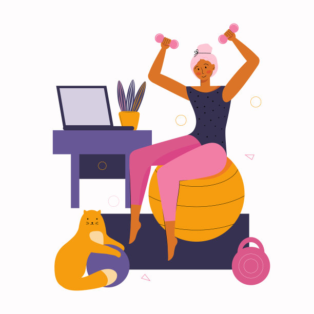 年轻的女人和猫花时间在一起，在家里做健身。待在家里隔离研究类的距离。女孩用球和哑铃做体育锻炼。在线体育训练。图片下载