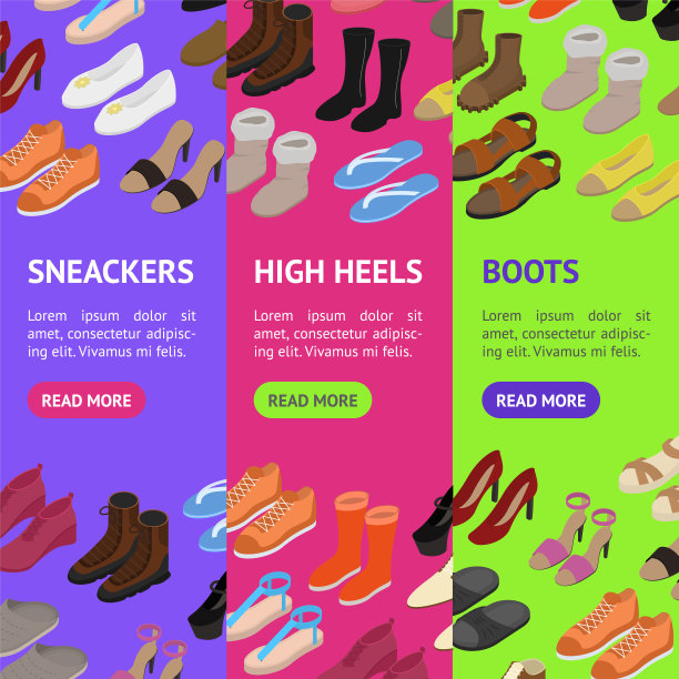 鞋概念3d旗帜垂直设置等距视图。向量图片下载