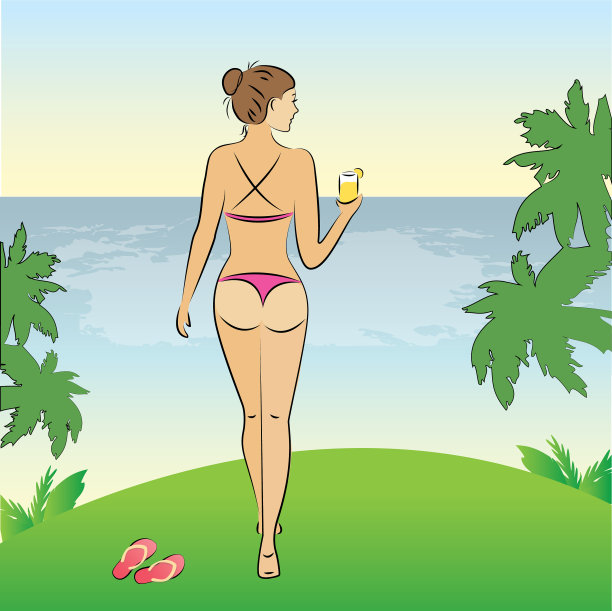 美丽性感的女人在比基尼站在岸上图片下载