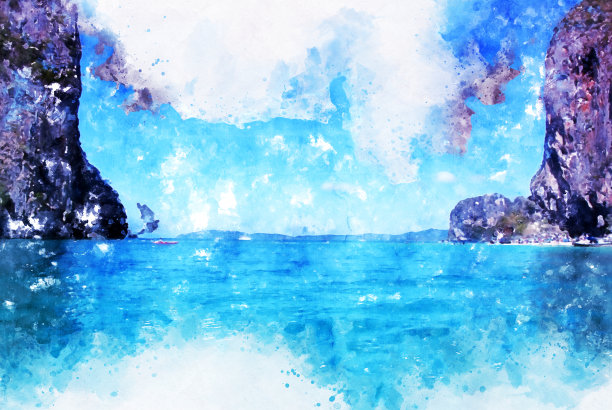 摘要以泰国甲米的彩色海浪海水为背景的水彩插画。图片下载