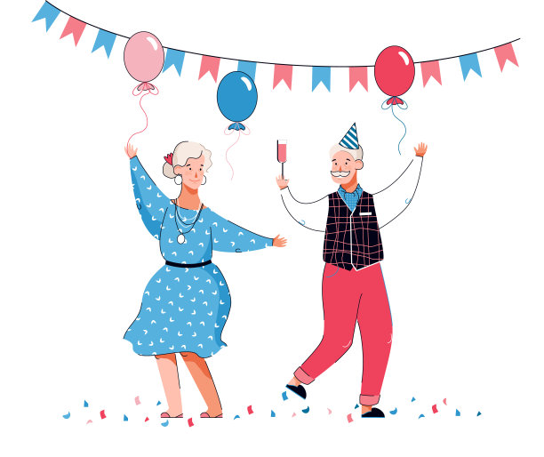 一对跳舞的老年人卡通人物，矢量插图孤立。图片下载