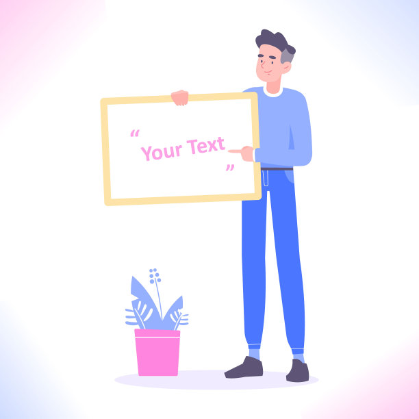 年轻人拿着空白的白色标志或横幅，并指向它，矢量插图图片下载
