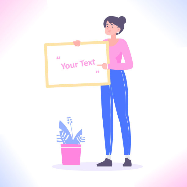 年轻女子手持空白的白色标志或横幅，并指向它，矢量插图图片下载
