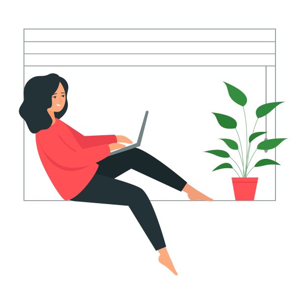 一个女孩坐在窗台上，膝盖上放着一台笔记本电脑。一个年轻的女人使用电脑和现代技术在家工作。图片下载