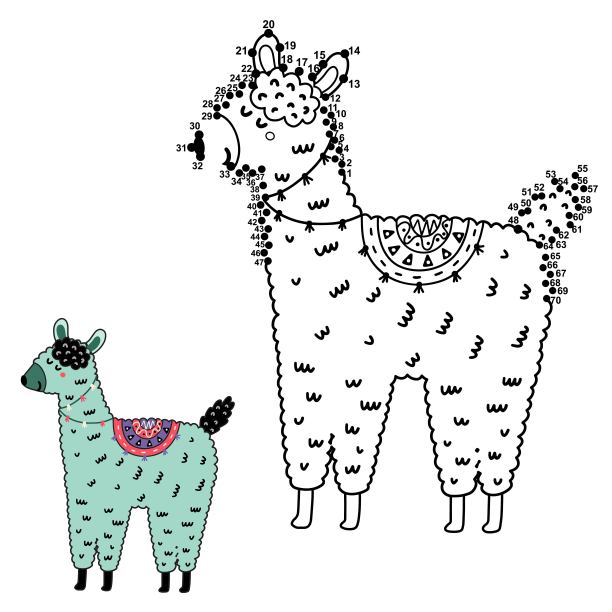 点到点游戏与有趣的羊驼的孩子。把这些点连起来，画出可爱的羊驼图片下载