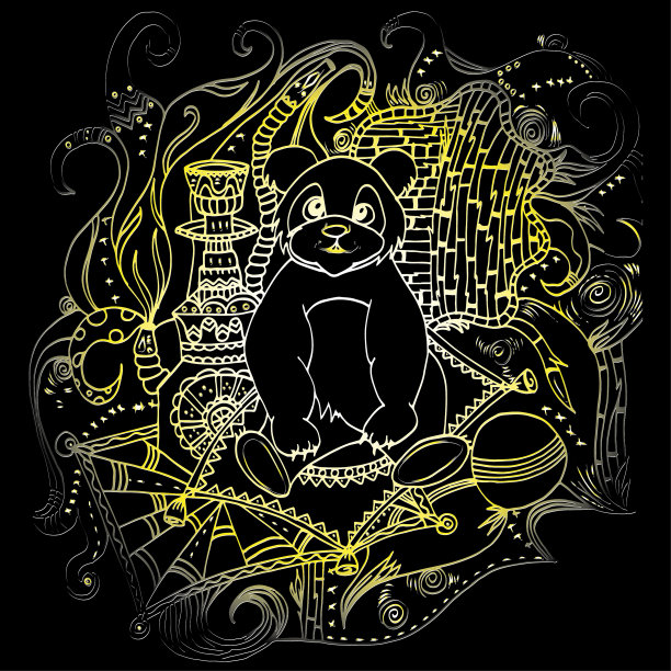 帐篷里的熊猫。熊在抽水烟。竹枝和地板和墙壁上的地毯。明亮的迷幻绘画。图片下载